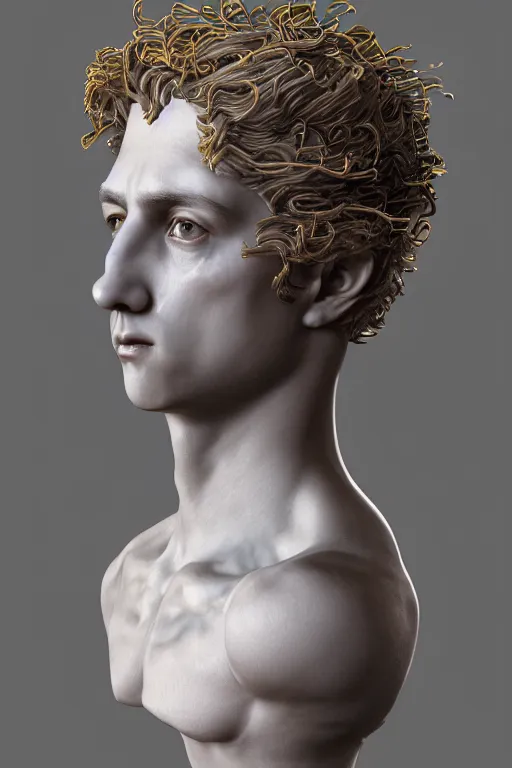 Image similar to a realistic porcelain full-head rococo style bust of handsome young Spanish prince a faded style haircut and a crown made of colored pipecleaners, suspended in outer space, photorealism, octane render, depth of field, 8k, 35mm, artgem, Trending on artstation