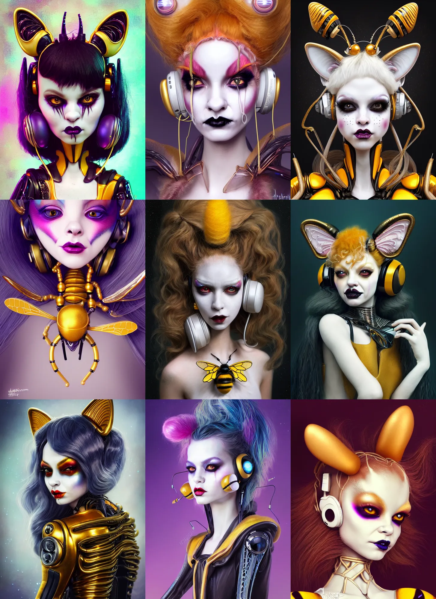 Prompt: disney weta portrait, soft lustrous biotech raver white porcelain clowncore goth bumblebee kitty cyborg, earbuds, golden ratio, sci - fi, fantasy, cyberpunk, intricate, decadent, highly detailed, digital painting, ever after high, octane render, artstation, concept art, smooth, sharp focus, illustration, art by artgerm, loish, wlop