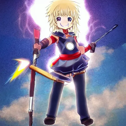 Prompt: anime girl wielding thor's hammer with lightning striking