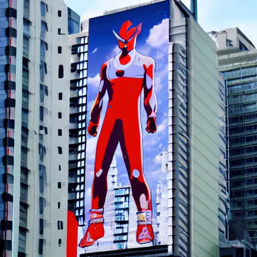 Prompt: Ultraman billboard on a skyscraper, realistic,