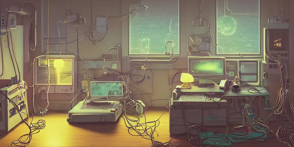 Image similar to cozy 9 0 s bedroom retrofuturism, cluttered, wires everywhere, computer, window, at night, lit only by the luminescent computer screen, dramatic lighting, alien technology, detailed by simon stalenhag