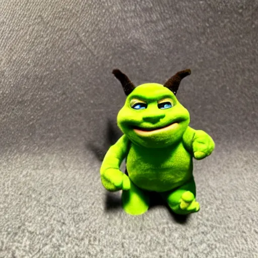 Prompt: a terrible knockoff plush toy of Shrek being sold on ebay, photograph, poorly taken photograph, weird angle, realistic, hyperrealistic, very detailed, extremely detailed, dark lighting, poor lighting, very realistic, thumb on the camera lens, HD quality, 8k resolution, funny