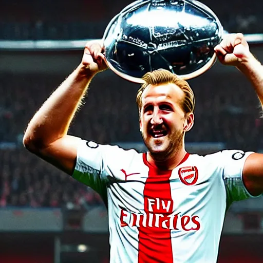 Prompt: harry kane lifting the uefa champions league as an arsenal player, photorealistic, sports photo, dramatic, sharp focus, extreme detail, night