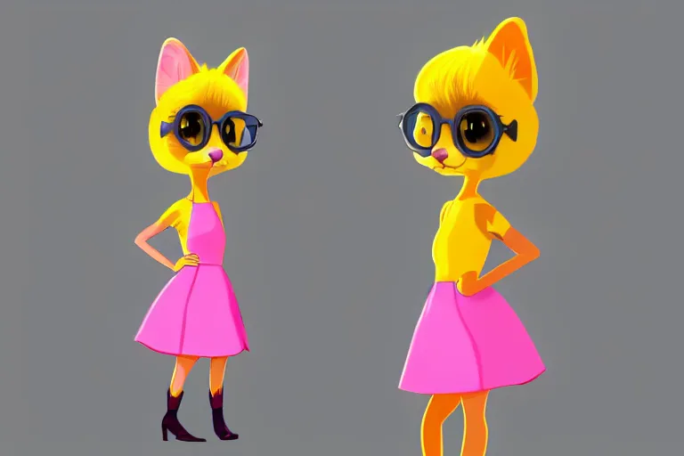 Prompt: cel shaded illustration : female marten character : wearing jewelry : wearing a pink dress : wearing yellow hat : head torso legs feet : lorax movie : artstation