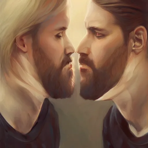 Prompt: perfectly centered symmetrical split male and female portrait of man and woman in love sharing one heart ; oil painting by charlie bowater and wlop, photorealistic, highly detailed ; trending on artstation