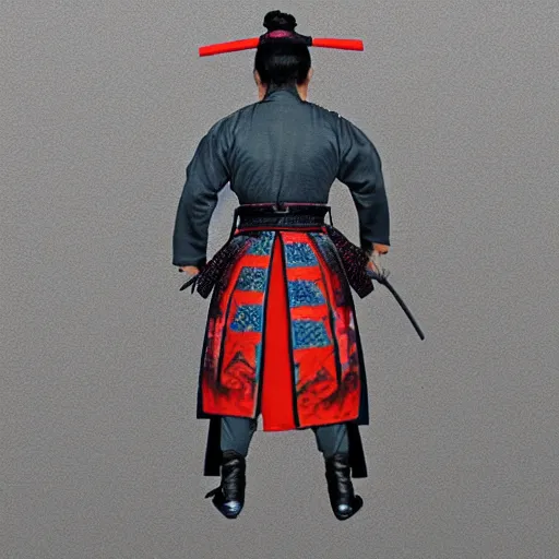 Prompt: Samurai master walking , back view , 20mm lens realistic photo illustration