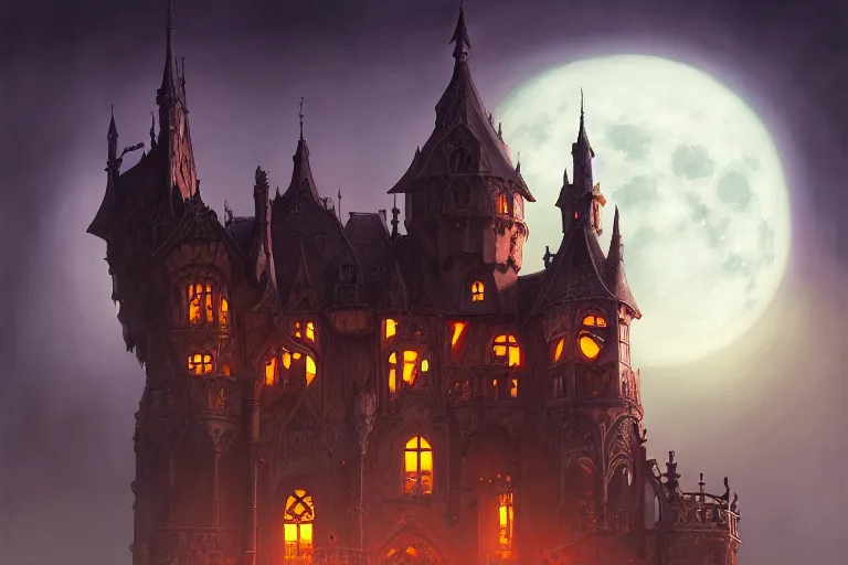 Image similar to foggy intricate gothic castle under the full moon, epic, intricate oil painting, high detail illustration, sharp high detail, manga and anime, official fanart behance hd artstation by jesper ejsing and makoto shinkai, 4 k,