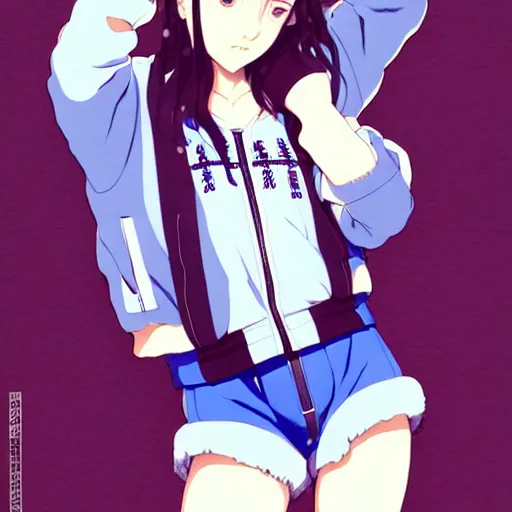 Image similar to a beautiful boyish kat dennings alluring gravure model, wearing oversized mayan bomber jacket and leotard with overalls, bulky poofy aztec native style bomber jacket with mayan patterns, gapmoe yandere grimdark, trending on pixiv fanbox, painted by greg rutkowski makoto shinkai takashi takeuchi studio ghibli, akihiko yoshida