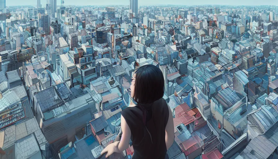 Prompt: Girl admiring Tokyo from the roof of a building, hyperdetailed, artstation, cgsociety, 8k