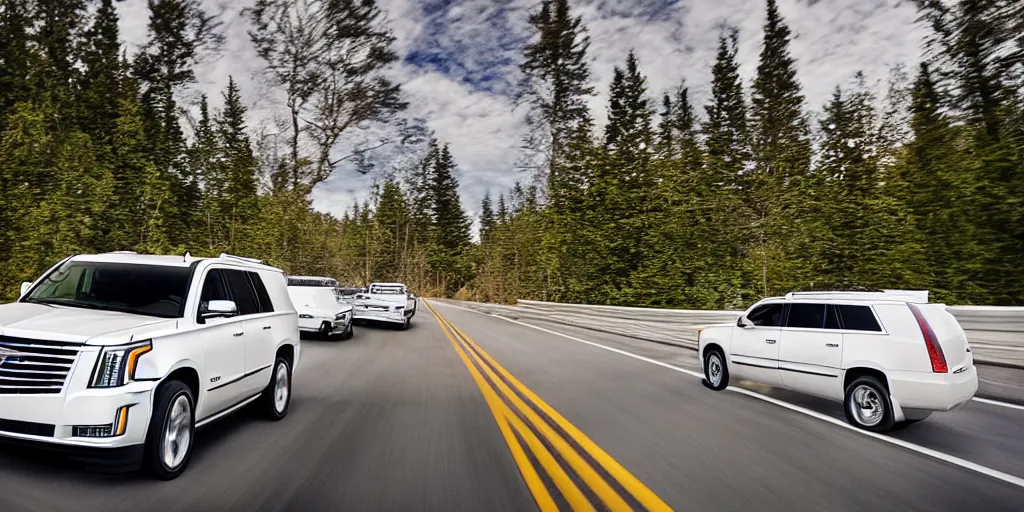 Prompt: A photo of a white SUV based on a Cadillac Escalade and Chevrolet Tahoe speeding down a highway, overhead angle, action shot