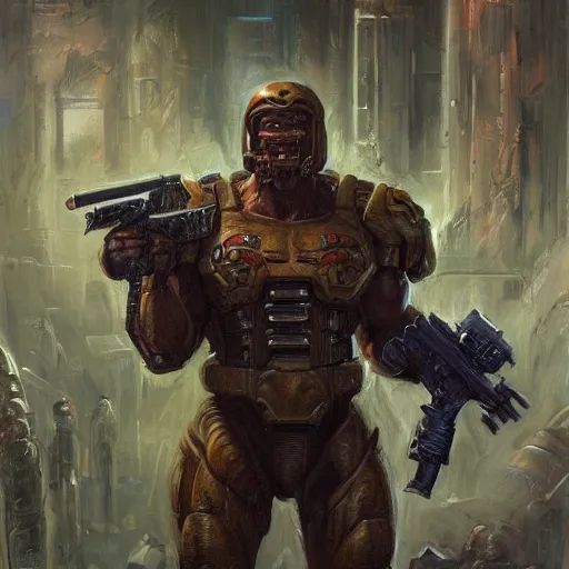 Image similar to Arnold Schwarzenegger as the Doomguy, character art by Donato Giancola, Craig Mullins, digital art, trending on artstation