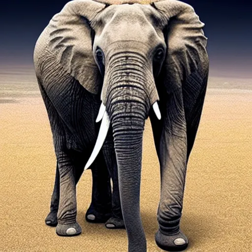 Image similar to elon musk as an elephant with huge elephant tusks growing out of his mouth