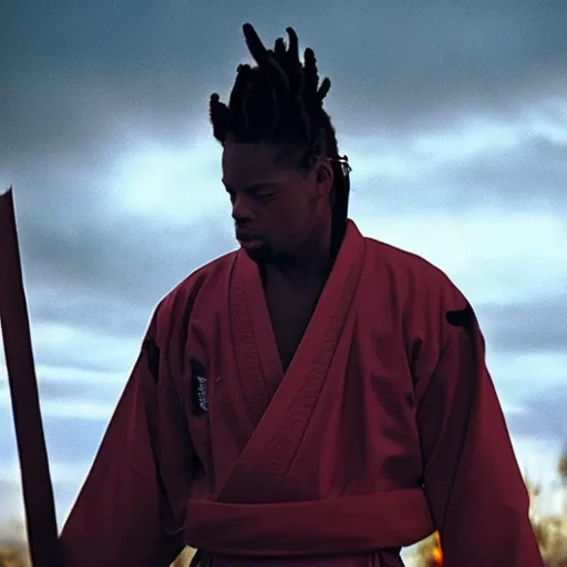 Image similar to cinematic film still Denzel Curry starring as a Samurai holding fire, Japanese CGI, VFX, 2003, 400mm lens, f1.8, shallow depth of field,film photography