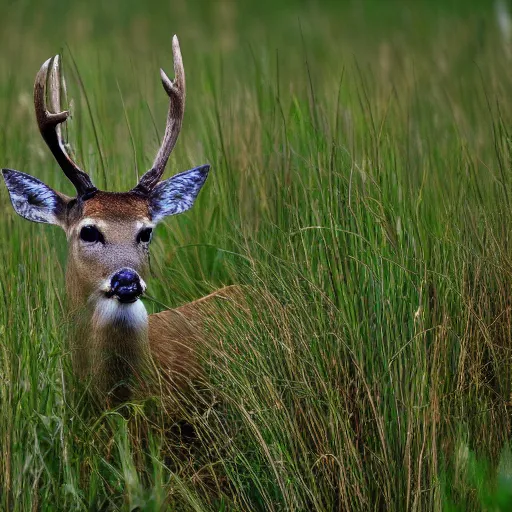 Prompt: 4 k image high quality of a deer in nigeria national park hiding in long grass