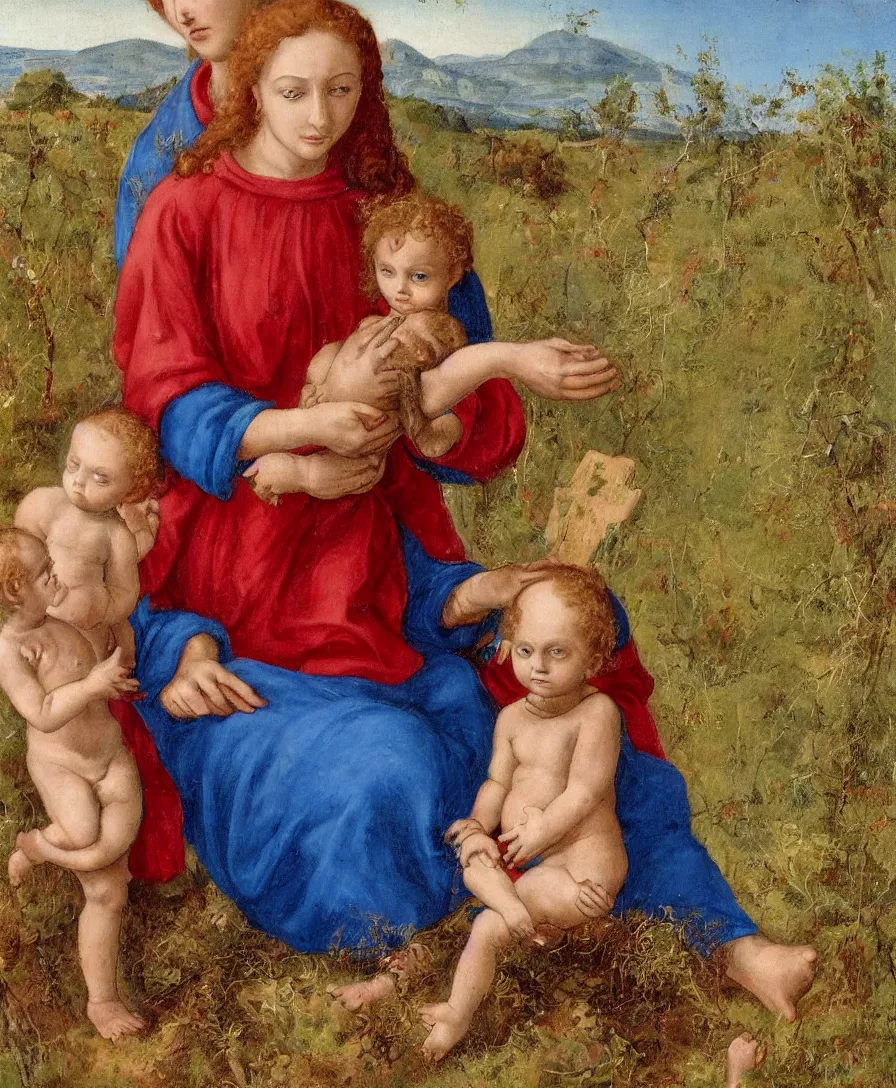 Image similar to Detailed Portrait of Madonna, curly red hair red shirt blue cloth, with infant Jesus, holding a thin cross and talking with another boy in front in the style of Raffael. They are sitting in a dried out meadow trees near Florence tuscany, red poppy in the field. The horizon is blue, there is a blue lake with a town and blue mountains. Flat perspective.