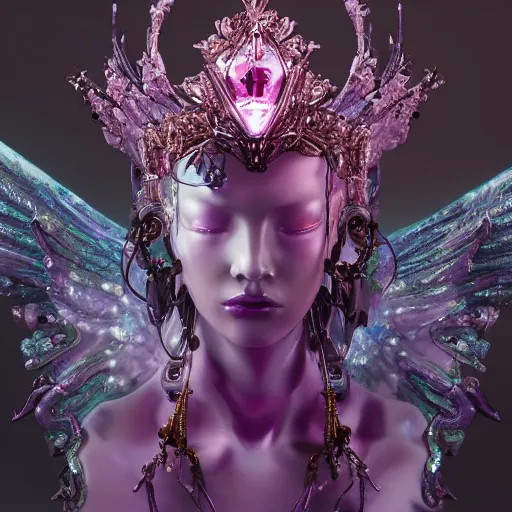 Image similar to cybernetic female angel queen head wearing shiny pink crown, subtle purple accents, hyper details, black metal rococo, sculpted by Alex Alice, Craig Mullins, yoji shinkawa, trending on artstation, beautifully lit, Peter mohrbacher, hyper detailed, elite, elegant, luxury, ray of light through smoke, CGsociety, hypermaximalist, golden ratio, neofuture, volumetric, octane render, weta digital, micro details, 3d sculpture