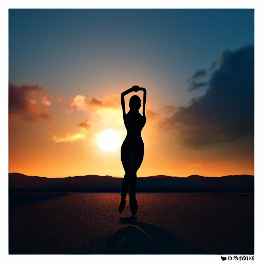 Image similar to dancer silhouette in front of sunset clouds, photorealistic hd, octane render, unreal engine