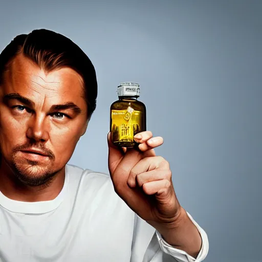 Prompt: detailed studio portrait of leoanrdo dicaprio holding tiny jar of tincture. watching at camera. studio light, polished look, solid background, ad, fashion photography, by pierpaolo ferrari and maurizio cattelan, 3 5 mm photograph, david lachapelle, canon eos c 3 0 0, 8 k