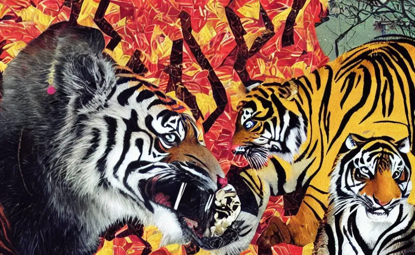 Image similar to a delorean and a tiger, colourful magazine collage, art by hsiao - ron cheng and utagawa kunisada, # e 5 3 7 1 b, # e 4 e 6 2 0, # de 9 5 f 0