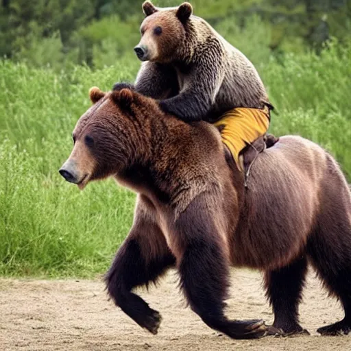 Image similar to Grizzly bear riding a horse.