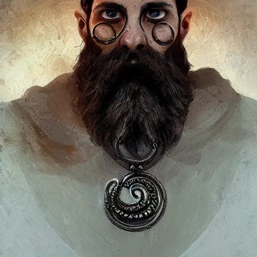 Prompt: A portrait of a cleric of Cthulu with short dark hair and a trimmed beard, he wears a cubic sandstone pendent around his neck, as dark magic emanates from his necklace tentacles spur from the water, digital art by Ruan Jia