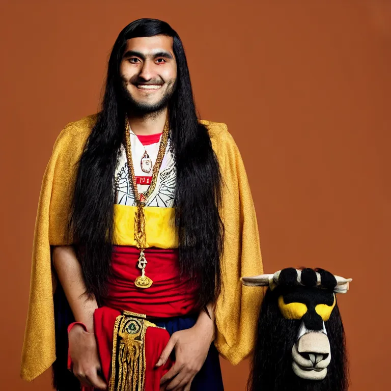 Image similar to A photo of Emperor Kuzco!!!!!!!!!!!!!!!! in his early 20s, peruvian looking, with his long black hair, beardless, smiling with confidence, and wearing!!! his emperor clothes. Portrait by Terry Richardson. Golden hour. 8K. UHD. Bokeh.