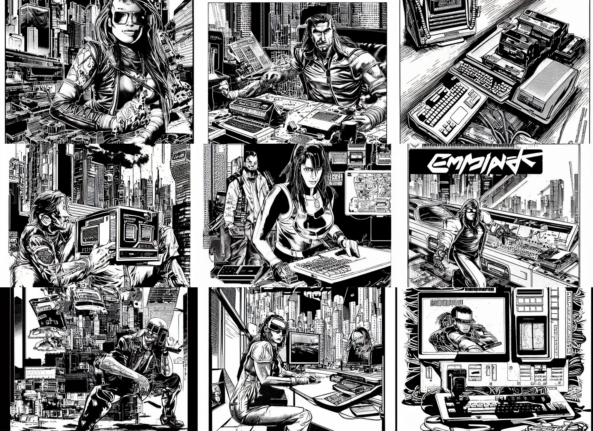 Prompt: commodore 6 4 and a monitor, cyberpunk 2 0 2 0 manual, by steampoweredmikej, by tim bradstreet, inktober, ink drawing, black and white, coloring pages, manga, highly detailed