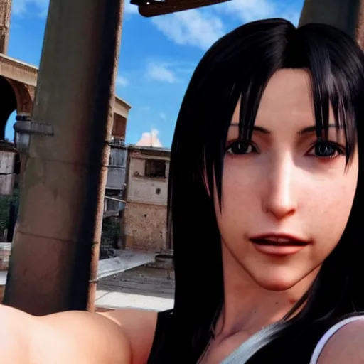 Prompt: Tifa Lockhart from Final Fantasy VII Remake (2020) taking a selfie in Italy