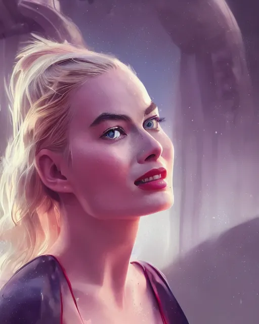 Image similar to Head and shoulders film still of margot robbie by wlop, rossdraws, Alberto Vargas, mingchen shen, arney freytag, artstation, fantasy photoshoot, urban jungle, fashion pose, octane, 4k