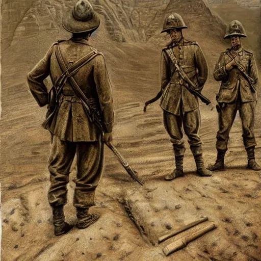 Prompt: ultra detailed photorealistic sepia - toned painting from 1 9 1 7, three british soldiers standing at an archaeological dig site in wadi rum, ultra realistic, painted, intricate details, lovecraft, atmospheric, dark, horror, brooding, highly detailed, by clyde caldwell