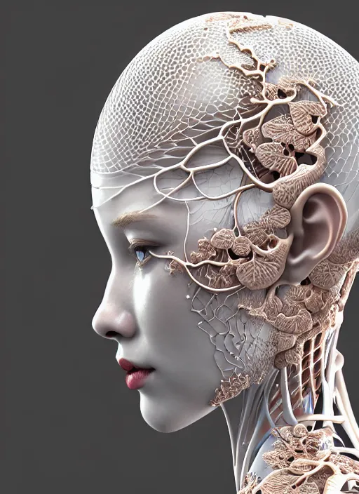 Image similar to complex 3d render ultra detailed of a beautiful porcelain translucent profile woman face, biomechanical ultradetailed cyborg, 150 mm, beautiful natural soft light, rim light, silver gold details, magnolia big leaves and stems, roots, fine foliage lace, maze like, mesh wire, ornate, intricate details, hyperrealistic, mandelbrot fractal, anatomical, red lips, white metal neocubism armor, facial muscles, cable wires, microchip, elegant, octane render, H.R. Giger style, 8k