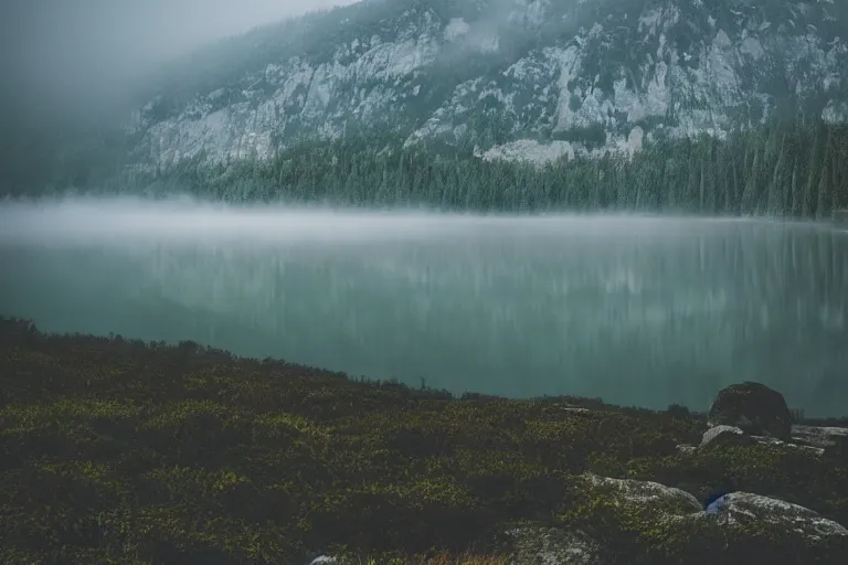 Prompt: a lake with mountains and a foggy forest in the background, moody, dark, cinematic, dynamic lighting, trending on artstation