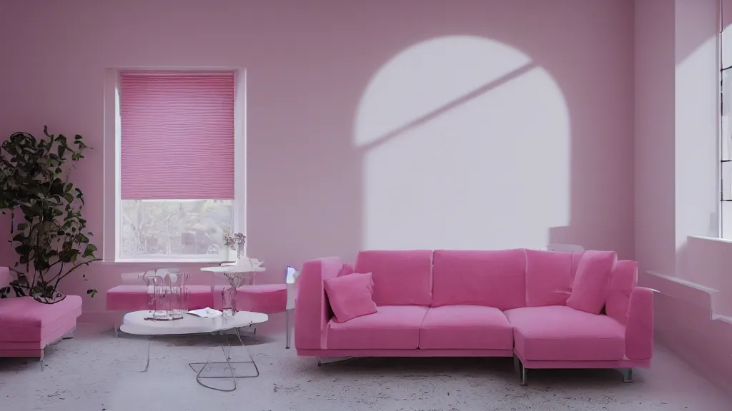 Image similar to pink velour sofa, white walls, daytime, soft light through blinds, pizza party, by herbert james harper, detailed, volumetric lighting, concept art, cinematic, 3 5 mm lens, 4 k