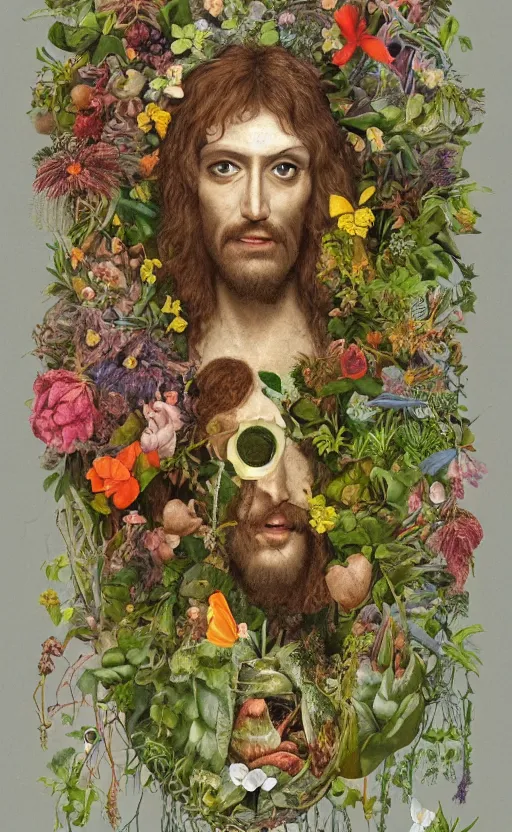 Prompt: a becoming and phenomenal jesus in the rain from clockwork orange in a lush garden full of diverse plants, by mab graves and giuseppe arcimboldo. luminism. hypermaximalist. gouache. trending on artstation.