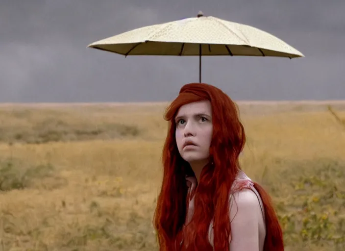 Image similar to A very high resolution image from a new movie, landscape from a car window , teen red hair woman, raining, hot, directed by wes anderson