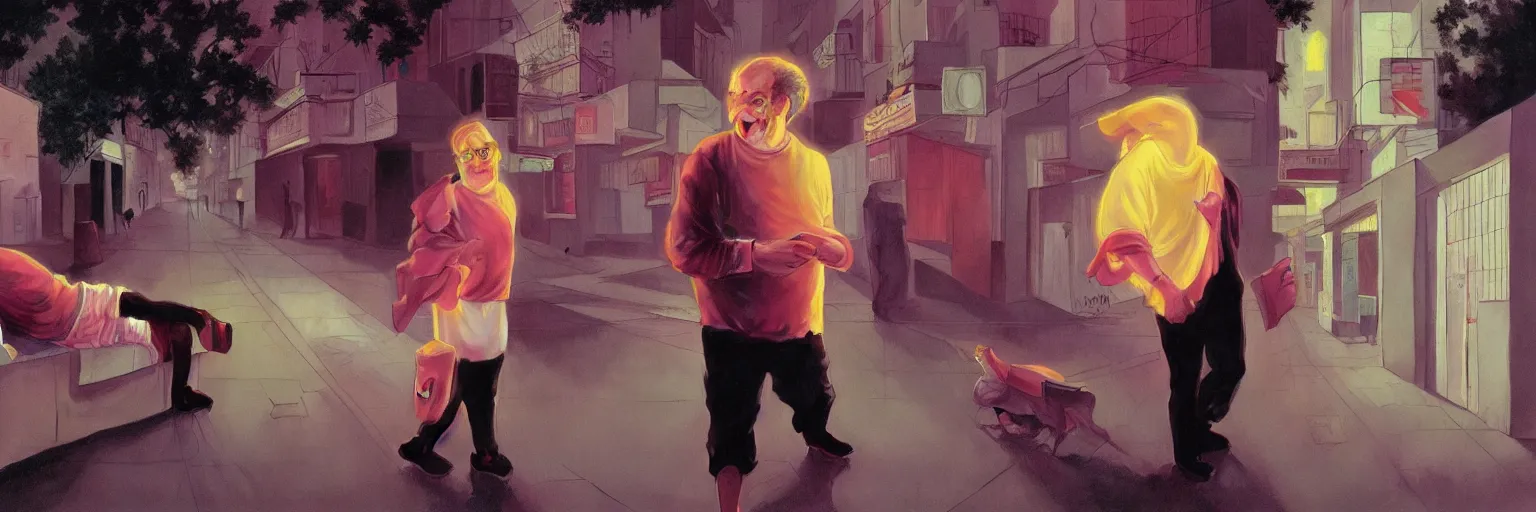 Prompt: weird and disturbing portrait of todd solondz running scared in the streets of tel aviv, vivid colors, neon, art by gregory crewdson and francis bacon and artgerm and wlop and william - adolphe bouguereau