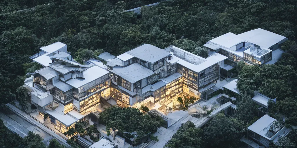 Prompt: Architectural photography of beautiful nature meets architecture concept of a residential house by Kengo Kuma, volumetric lighting,, luxury, high detail, 14mm, cinematic photography, high resolution