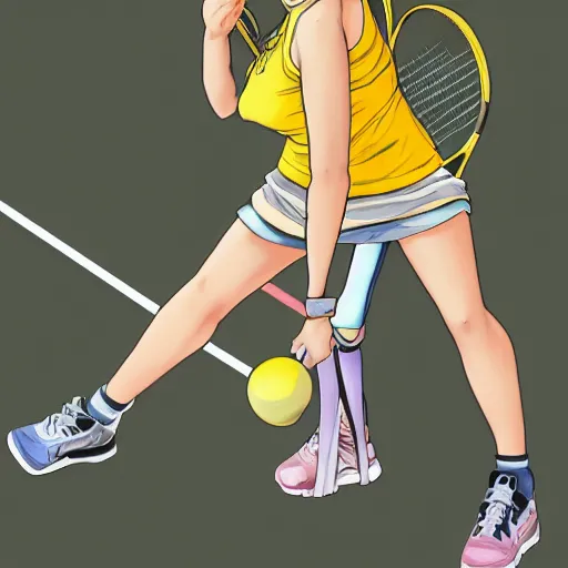 Prompt: anime style, female pickleball player, 8 0 s sport clothing, tennis court background, standing pose, yellow sport glasses, realistic rackets, symmetrical features, from arknights, hyper realistic, rule of thirds, extreme detail, 4 k drawing, trending on pixiv, realistic lighting, by alphonse mucha, greg rutkowski, sharp focus, realistic anatomy