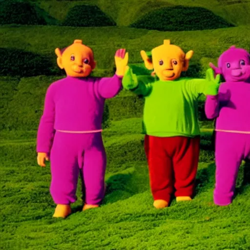 Image similar to teletubbies burying a man alive