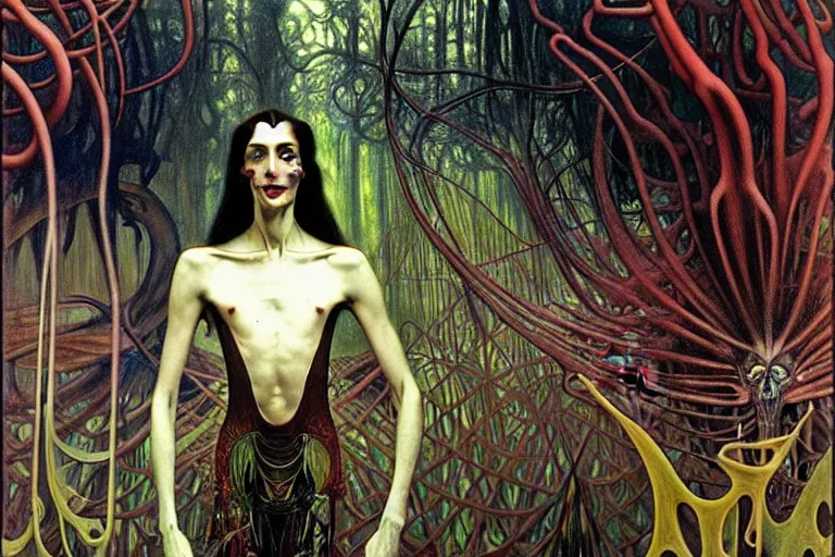 Prompt: realistic extremely detailed portrait painting of an elegantly creepy vampire man dressed as dracula, futuristic sci-fi forest on background by Jean Delville, Amano, Yves Tanguy, Alphonse Mucha, Ernst Haeckel, Edward Robert Hughes, Roger Dean, rich moody colours