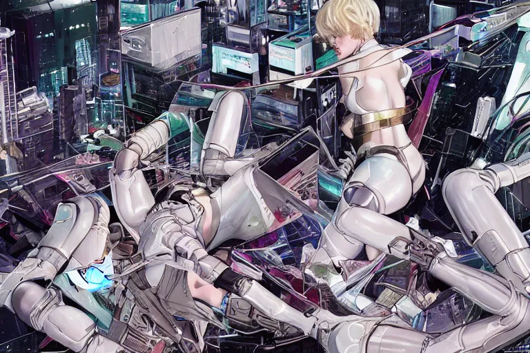 Image similar to a finely composed cyberpunk illustration of a group of white female androids' in style of hajime sorayama, lying scattered over an abstract, empty, white floor, by masamune shirow and katsuhiro otomo, hyper-detailed, colorful, view from above, wide angle, close up, spacious