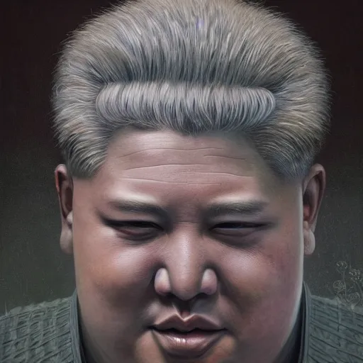 Image similar to Portrait of Kim Jong-un as god emperor dark fantasy, intricate, smooth, artstation, painted by Wayne Barlowe, Greg Rutkowski, Zdislav Beksinski