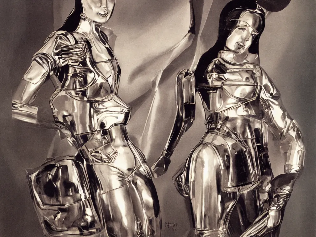 Image similar to a Royal portrait of chrome android woman as illustrated by H.R. Geiger. 1979