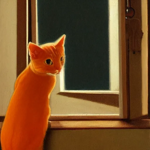 Prompt: a painting of an orange cat staring profoundly into the window, a detailed painting by johannes vermeer, behance, american scene painting, dutch golden age, detailed painting, academic art