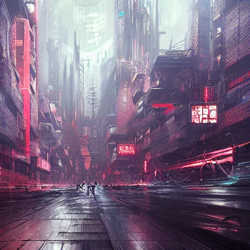 Image similar to Futuristic apocalyptic cyberpunk city by Schen Teng, asymmetrical, realistic painting, dark vibes, nightmare, geometric shapes, hard edges, china town, synth wave, trending on the artstation:2 by Greg Rutkowski:4