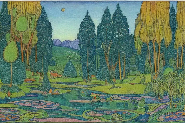 Image similar to a serene landscape by Anton Bilibin