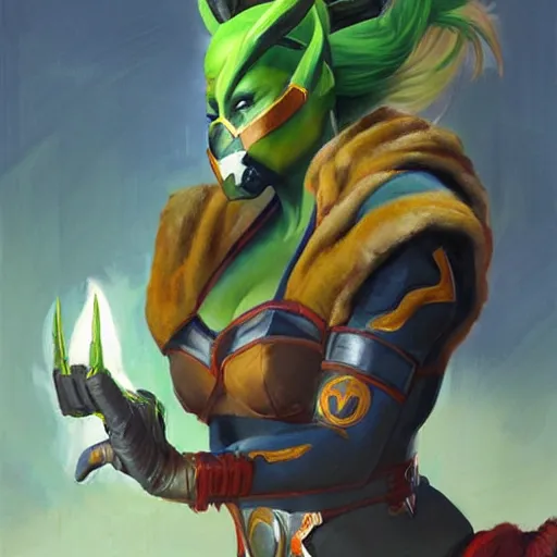 Image similar to greg manchess portrait painting of jade from mortal kombat wearing an oni halfmask as overwatch character, medium shot, asymmetrical, profile picture, organic painting, sunny day, matte painting, bold shapes, hard edges, street art, trending on artstation, by huang guangjian and gil elvgren and sachin teng