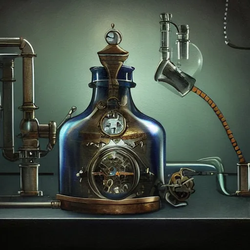 Prompt: a steampunk painting of a mechanical dark blue steaming potion bottle in a dark dusty vintage science lab, by h. r. giger, hyperrealistic fantasy art, concept matte, ethereal, dreamy, digital art, trending on artstation, volumetric cinematic lighting