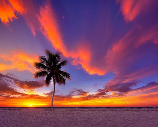 Prompt: landscape photography by marc adamus, florida gulf of mexico beach sunset, dramatic lighting, palm trees, clouds, beautiful