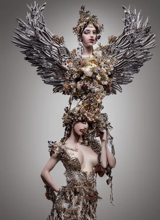 Image similar to full body environmental portrait photo of a goddess as angel, ornate headpiece made from flowers, ornaments, glamour shot by gemmy woud - binnendijk, chris knight, photorealistic, canon r 3, fashion photography, ornate, elegant, luxury and elite, symmetrical features, octane render, unreal engine, solid dark grey background, dramatic lights